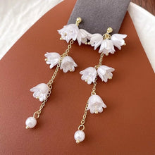 이미지를 갤러리 뷰어에 로드 , 18K Gold Plated Bell Flowers White Flora Drop Glass Pearls Earrings