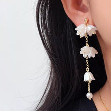 이미지를 갤러리 뷰어에 로드 , 18K Gold Plated Bell Flowers White Flora Drop Glass Pearls Earrings