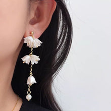 이미지를 갤러리 뷰어에 로드 , 18K Gold Plated Bell Flowers White Flora Drop Glass Pearls Earrings