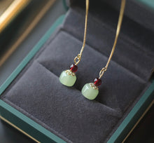 Load image into Gallery viewer, 18K Gold Plated S925 Silver Hetian Jade 10mm Garnet 4mm Earrings 12cm