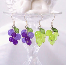 Load image into Gallery viewer, S925 Silver Lavender Jade Green Agate Amethyst 5-6mm Grape Leaf Dangle Earrings