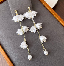 이미지를 갤러리 뷰어에 로드 , 18K Gold Plated Bell Flowers White Flora Drop Glass Pearls Earrings