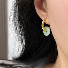 Load image into Gallery viewer, 18K Gold Plated Surgical Steel 15mm Huggie Hoop 12mm Glaze Donut Jade Earrings