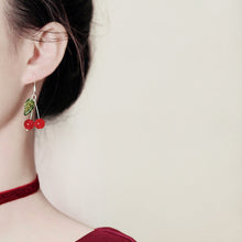 Load image into Gallery viewer, S925 Cherry Fruit Dangle 8mm Red Jade Agate 15mm Leaves Earrings