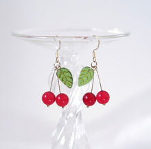 Load image into Gallery viewer, S925 Cherry Fruit Dangle 8mm Red Jade Agate 15mm Leaves Earrings