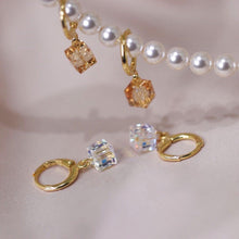 Load image into Gallery viewer, Minimalist 18K gold plated earrings featuring 6mm mini sugar cube stones in clear and champagne colors.
