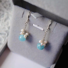Load image into Gallery viewer, Gold/Silver 3mm Freshwater Pearl 8mm Light Blue Aquamarine Earring 4cm