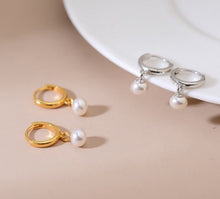 Load image into Gallery viewer, Minimalist 18K Gold Plated/ Silver Steel 3-4mm AAA Button Pearls/ Dangle Huggie Earrings for Women | Dainty Earrings