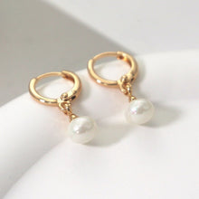 Load image into Gallery viewer, Minimalist 18K Gold Plated/ Silver Steel 3-4mm AAA Button Pearls/ Dangle Huggie Earrings for Women | Dainty Earrings