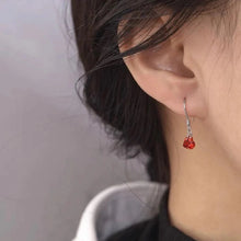 Load image into Gallery viewer, Minimalist S925 silver small dangle garnet red heart cubic zirconia hook hypoallergenic earrings, perfect as bridesmaid jewelry or a Valentine’s gift.