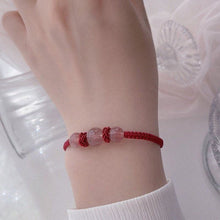 이미지를 갤러리 뷰어에 로드 , Chinese style gemstone bracelet with obsidian or strawberry quartz beads, woven with red strings, adjustable from 6.5 to 8 inches.
