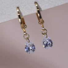Load image into Gallery viewer, 18K gold plated hoop earrings featuring 6x8mm pear-shaped zirconia CZ crystals.