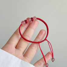 이미지를 갤러리 뷰어에 로드 , Chinese style gemstone bracelet with obsidian or strawberry quartz beads, woven with red strings, adjustable from 6.5 to 8 inches.