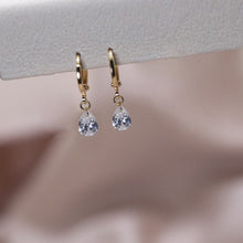 Load image into Gallery viewer, 18K gold plated hoop earrings featuring 6x8mm pear-shaped zirconia CZ crystals.