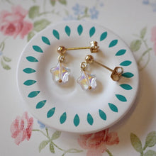 Load image into Gallery viewer, 18K gold plated earrings with 8mm clear AB star rainbow glass colored glaze lampwork beads, hypoallergenic and stylish.