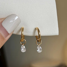 Load image into Gallery viewer, Gold Plated Surgical Steel 15mm Hoop 6mm Pear Cut Zirconia Earrings