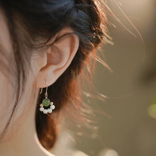 Load image into Gallery viewer, 18K gold plated dangle earrings with 8mm natural jade beads and freshwater pearls, perfect for adding a touch of timeless elegance to any outfit.