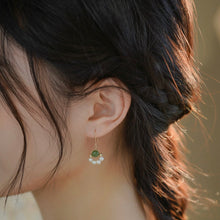 Load image into Gallery viewer, 18K gold plated dangle earrings with 8mm natural jade beads and freshwater pearls, perfect for adding a touch of timeless elegance to any outfit.