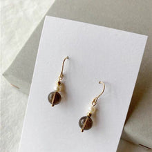 Load image into Gallery viewer, 18K gold plated dangle earrings with 4-5mm natural pearls and 8mm smoky quartz, hypoallergenic and nickel-free.