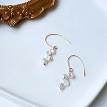 Load image into Gallery viewer, Earrings with 6mm top-drilled Japanese Keshi Baroque coin pearls, available in 18K gold-plated or silver settings. Ideal for bridal and bridesmaid gifts.
