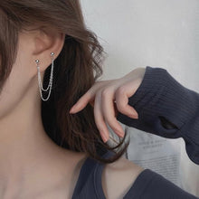 Load image into Gallery viewer, Image of a pair of Korean-inspired double-layered double piercing earrings, featuring hypoallergenic steel studs with delicate 1.2x1mm chains, creating a trendy 5cm drop.