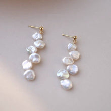 Load image into Gallery viewer, Korean Style 18K Gold Plated /Surgical Steel Natural Keshi 6-8mm Baroque Pearls Flat Side Flora Earrings Bridal and Bridesmaid Gifts