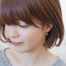 Load image into Gallery viewer, 18K gold plated dangle earrings with 4mm aquamarine round beads, hypoallergenic and elegant, Korean-inspired design.