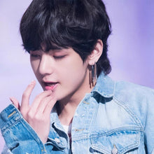 Load image into Gallery viewer, BTS Surgical Steel K-pop Earrings with 2cm Rectangle Charm and Tassel Chain Stud, 4cm in length.