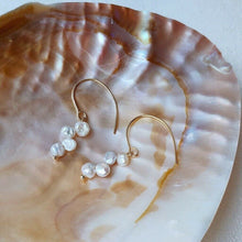 Load image into Gallery viewer, Earrings with 6mm top-drilled Japanese Keshi Baroque coin pearls, available in 18K gold-plated or silver settings. Ideal for bridal and bridesmaid gifts.