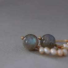 Load image into Gallery viewer, A pair of 18K Gold Plated stainless steel hook earrings with 4mm button pearls and 9mm AAAA labradorite gemstones.