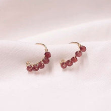 Load image into Gallery viewer, A pair of 18K Gold Plated steel ear wire earrings with 4mm faceted garnet beads in a floral wire-wrapped design.