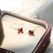 Load image into Gallery viewer, 18K gold plated or silver steel dangle earrings with 3mm tiny Brazil garnet beads, perfect for adding a touch of vibrant elegance to any outfit.
