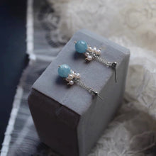 Load image into Gallery viewer, Gold/Silver 3mm Freshwater Pearl 8mm Light Blue Aquamarine Earring 4cm