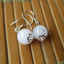 Load image into Gallery viewer, 925 Silver Dangle Earrings with Filigree Flower Designs and 8mm Natural Jade Round Beads in Dark Green, Green, or White, Elegant Jewelry
