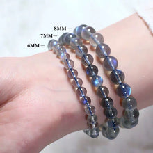 Load image into Gallery viewer, A bracelet made of AAA labradorite round beads in 6mm and 8mm sizes, showcasing stunning iridescence and color play, with a stretchy design for a comfortable fit.