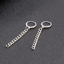 将图片加载到图库查看器,A pair of solid stainless steel hoop earrings with a thin Cuban chain design, measuring 5cm in length. The earrings are styled in a BTS Kpop fashion, perfect for adding a punk edge to any outfit.
