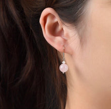 Load image into Gallery viewer, Dangle earrings with 3mm natural pearl, 8mm rose quartz, set in 925 sterling silver.