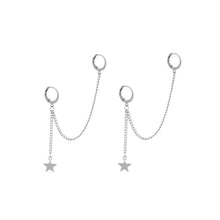 Load image into Gallery viewer, Hoop/stud Korean Kpop style chain double piercing earrings with star charms, 5-6cm long, made from BTS stainless steel in a punk style, available as 1 piece or 1 pair.