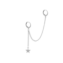 Load image into Gallery viewer, Hoop/stud Korean Kpop style chain double piercing earrings with star charms, 5-6cm long, made from BTS stainless steel in a punk style, available as 1 piece or 1 pair.