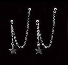 Load image into Gallery viewer, Hoop/stud Korean Kpop style chain double piercing earrings with star charms, 5-6cm long, made from BTS stainless steel in a punk style, available as 1 piece or 1 pair.