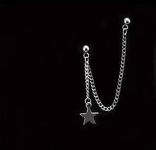 Load image into Gallery viewer, Hoop/stud Korean Kpop style chain double piercing earrings with star charms, 5-6cm long, made from BTS stainless steel in a punk style, available as 1 piece or 1 pair.