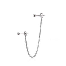 이미지를 갤러리 뷰어에 로드 , Stainless steel earrings with Korean style chain and double piercing design, measuring 5cm in length