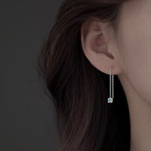 Load image into Gallery viewer, Threader earrings featuring 6mm clear AB sugar cube rainbow beads, available in 5cm, 8cm, and 10cm lengths, showcasing a vibrant and playful design.