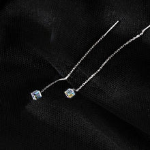 Load image into Gallery viewer, Threader earrings featuring 6mm clear AB sugar cube rainbow beads, available in 5cm, 8cm, and 10cm lengths, showcasing a vibrant and playful design.