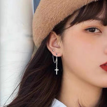 Load image into Gallery viewer, Image of a pair of double piercing earrings made of steel, featuring Korean 2cm rectangle charms and 3cm drops.