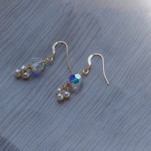 将图片加载到图库查看器,A pair of 18K Gold Plated S925/Silver S925 dangle earrings with clear Aurora Borealis faceted Austrian beads and 3mm natural pearls.