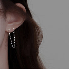Load image into Gallery viewer, Pair of hypoallergenic stainless steel double piercing Korean coffee bean chain earrings, featuring minimalist studs with a 4-4.5cm chain design, perfect for K-pop and BTS fans.