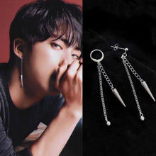 Load image into Gallery viewer, A pair of BTS Style Inspired Bullet Spike Earrings, 6-7cm in length, made of surgical steel, available in lever-back and stud styles. The design features sleek bullet spikes for an edgy, punk-inspired look.