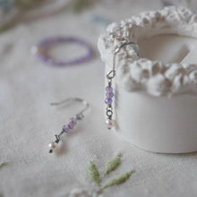 Load image into Gallery viewer, 18K gold plated or surgical steel dangle earrings with 3-4mm tiny faceted amethyst gemstones and natural pearls, perfect for adding a touch of elegance to any outfit.