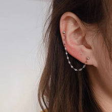 Load image into Gallery viewer, Pair of hypoallergenic stainless steel double piercing Korean coffee bean chain earrings, featuring minimalist studs with a 4-4.5cm chain design, perfect for K-pop and BTS fans.